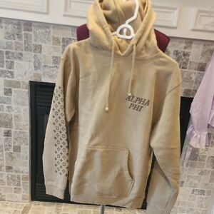 Tan Quilted Sleeve Sweatshirt Pullover Hoodie. ALPHA PHI